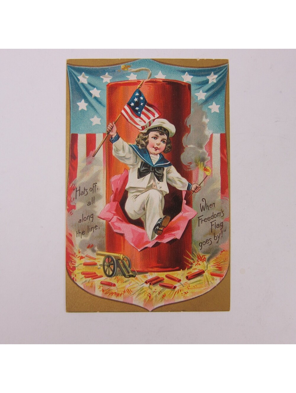 Postcard Independence Day 4th July Boy Sailor Suit Firecrackers Flag Antique